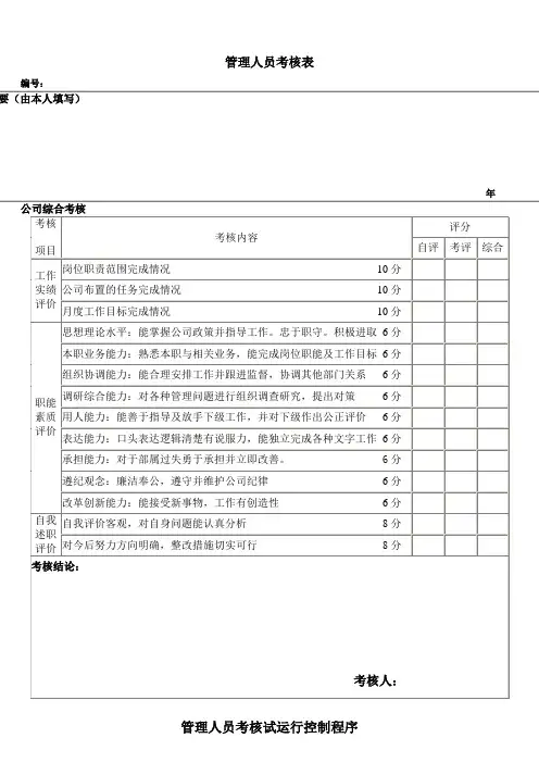 公司管理层考核表