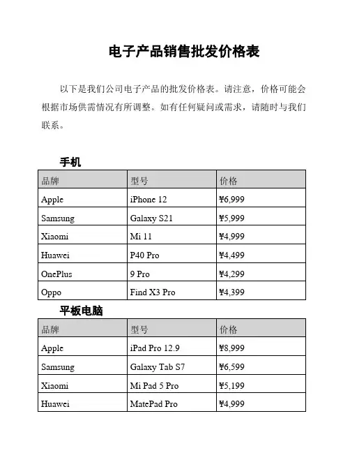 电子产品销售批发价格表