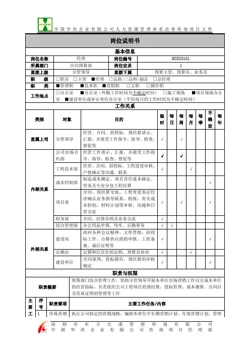 合同预算部经理岗位说明书
