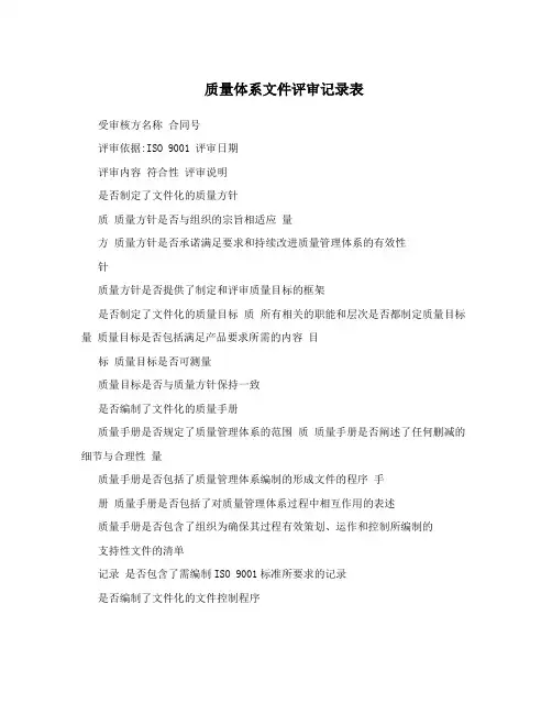 质量体系文件评审记录表