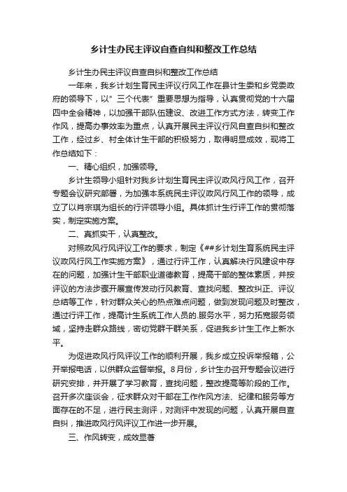 乡计生办民主评议自查自纠和整改工作总结