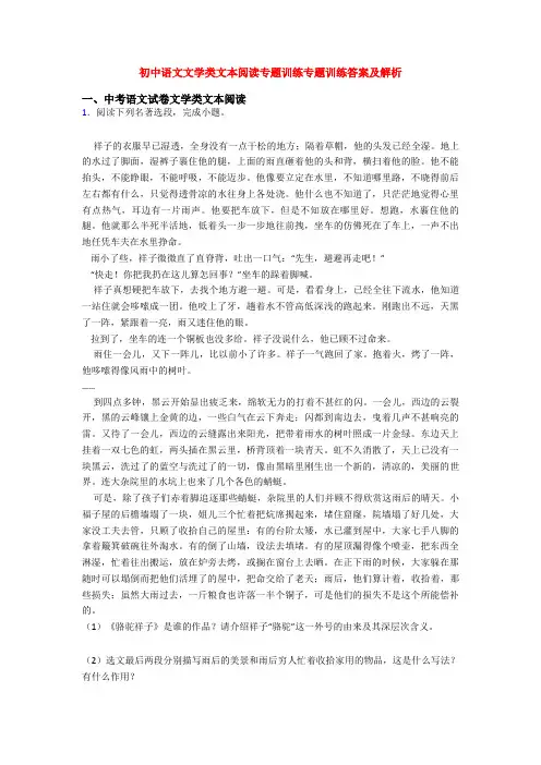 初中语文文学类文本阅读专题训练专题训练答案及解析