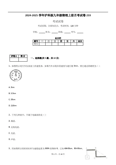 2024-2025学年沪科版九年级物理上册月考试卷233