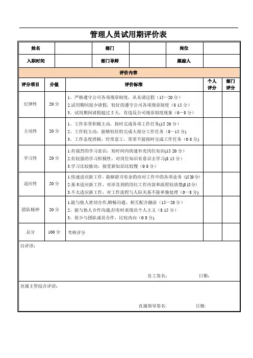 试用期员工评价表【范本模板】