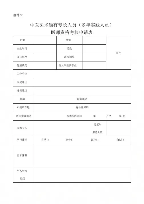 中医医术确有专长人员(多年实践人员)医师资格考核申请表