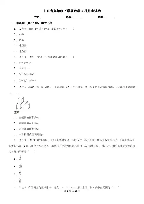 山东省九年级下学期数学6月月考试卷