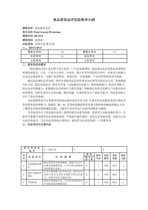 食品感官品评实验教学大纲