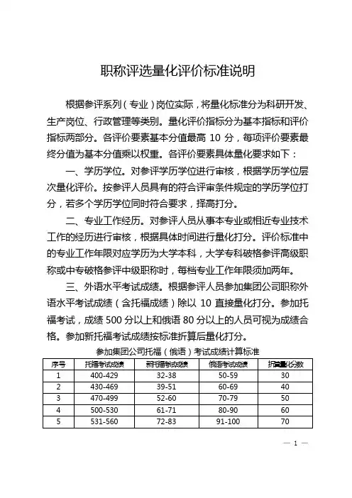职称评选量化评价标准说明