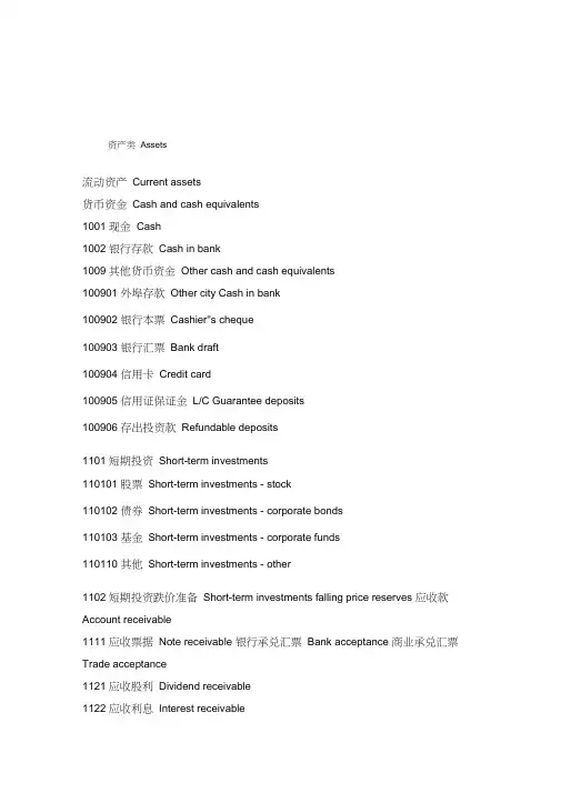会计科目表中英文对照