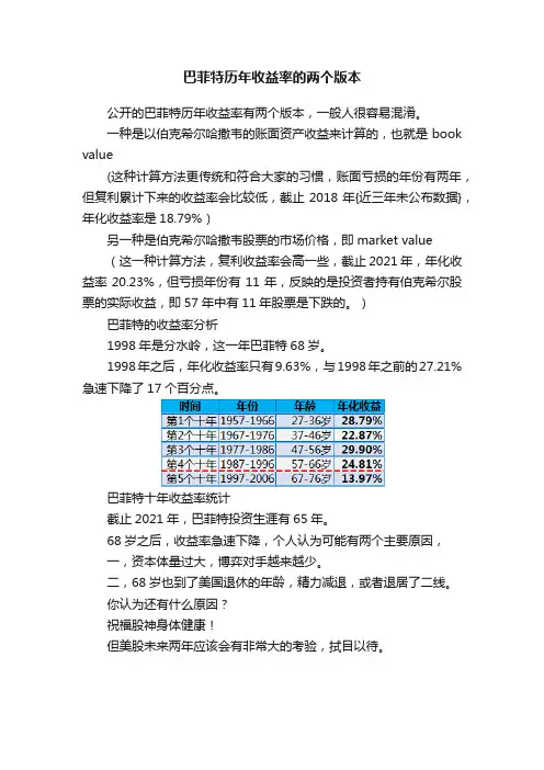 巴菲特历年收益率的两个版本
