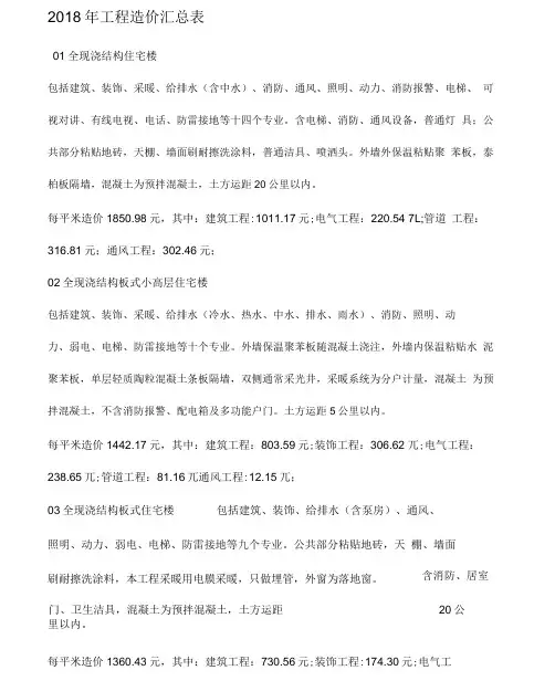 2018工程造价㎡汇总表