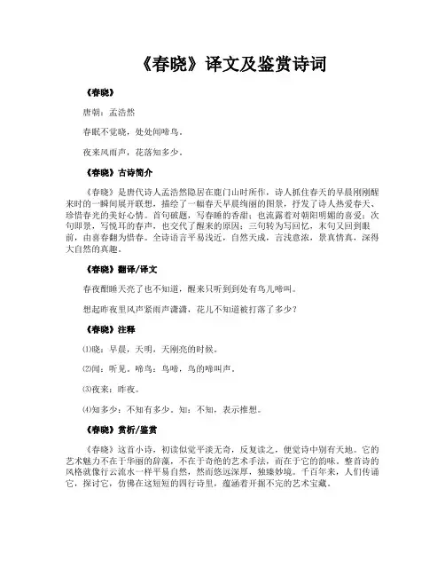 《春晓》译文及鉴赏诗词