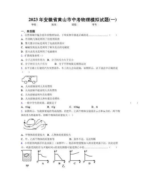 最新2023年安徽省黄山市中考物理模拟试题(一)及解析