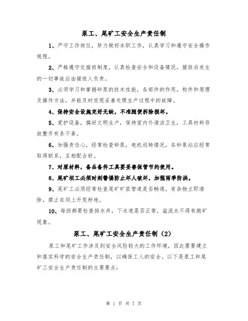 泵工、尾矿工安全生产责任制（5篇）