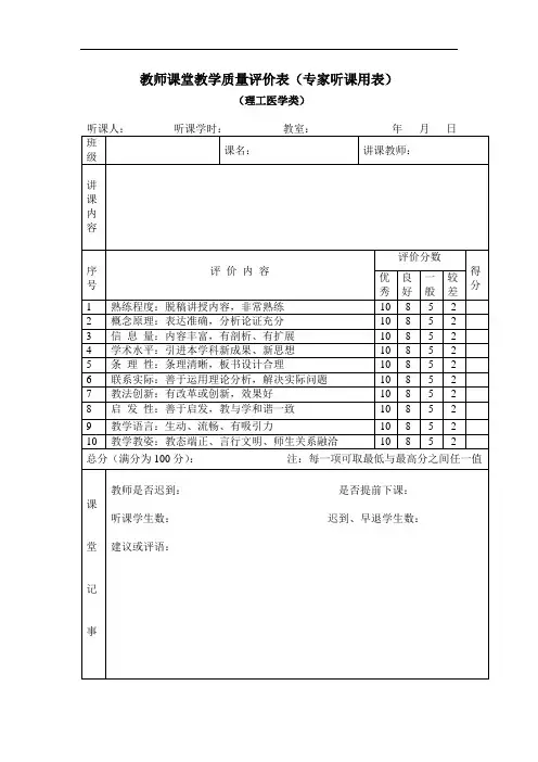 教师课堂教学质量评价表(专家听课用表)