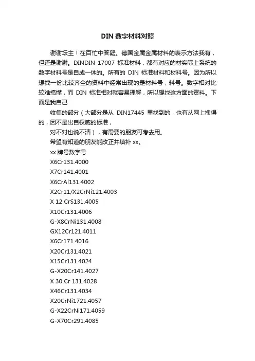 DIN数字材料对照