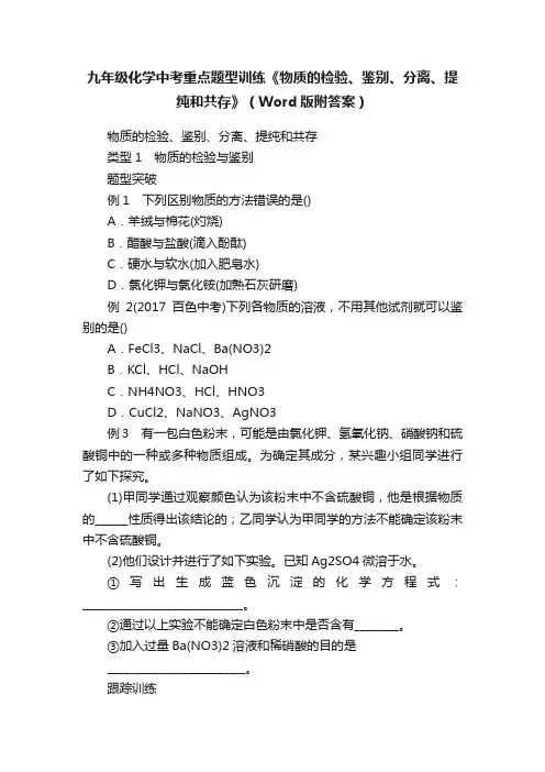 九年级化学中考重点题型训练《物质的检验、鉴别、分离、提纯和共存》（Word版附答案）