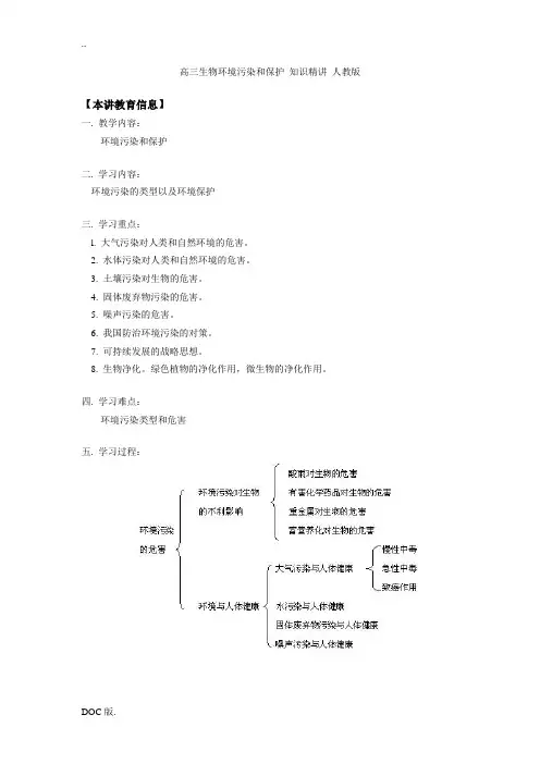 高三生物环境污染和保护 知识精讲 人教版
