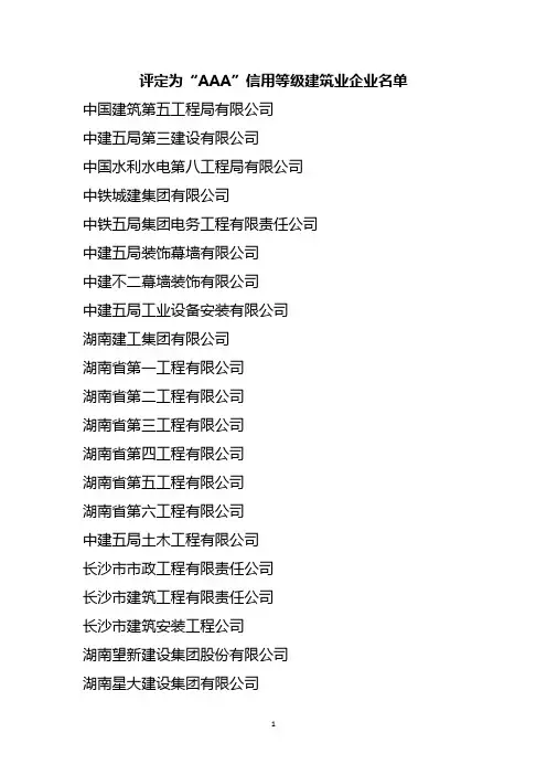 评定为AAA信用等级建筑业企业名单