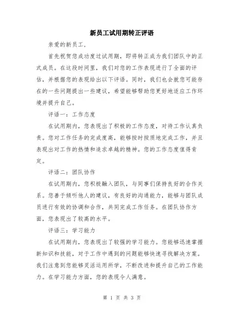 新员工试用期转正评语