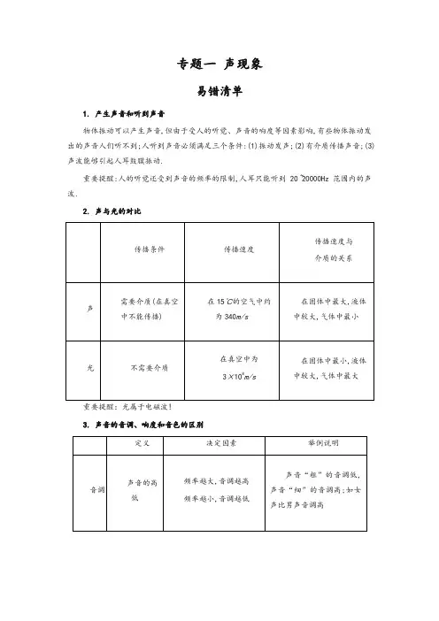 初中物理期中考试后 专题一声现象  易错点汇总-精品