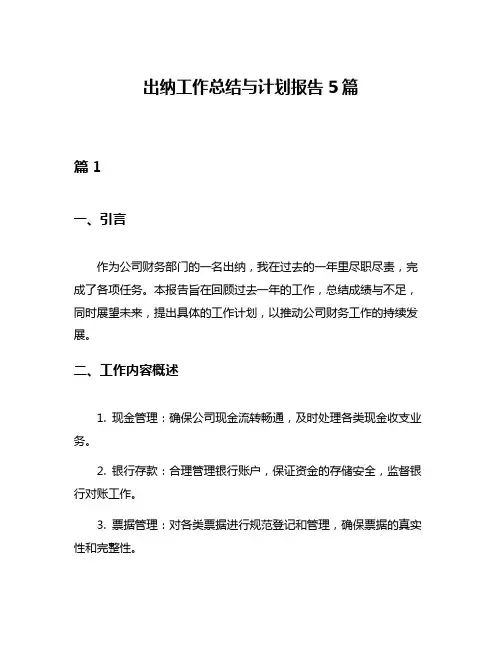 出纳工作总结与计划报告5篇