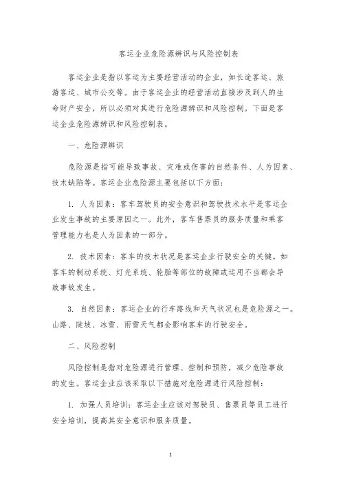 客运企业危险源辨识与风险控制表