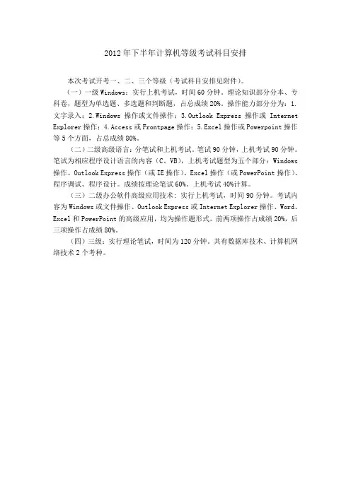 2012年下半年计算机等级考试科目安排