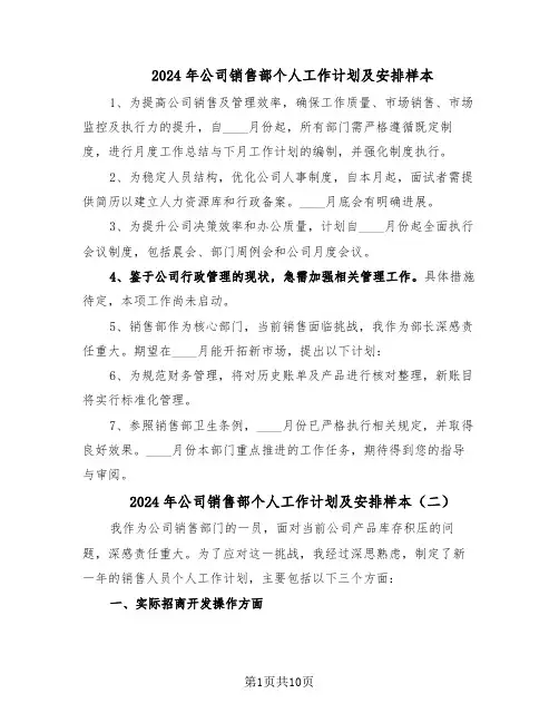 2024年公司销售部个人工作计划及安排样本（五篇）