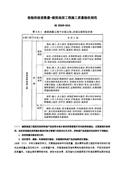 地面检验批检查数量GB502092010建筑地面工程施工质量验收规范