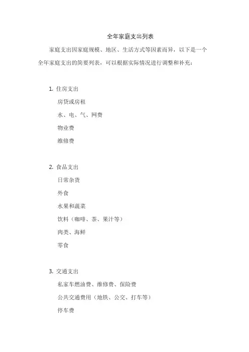 全年家庭支出列表