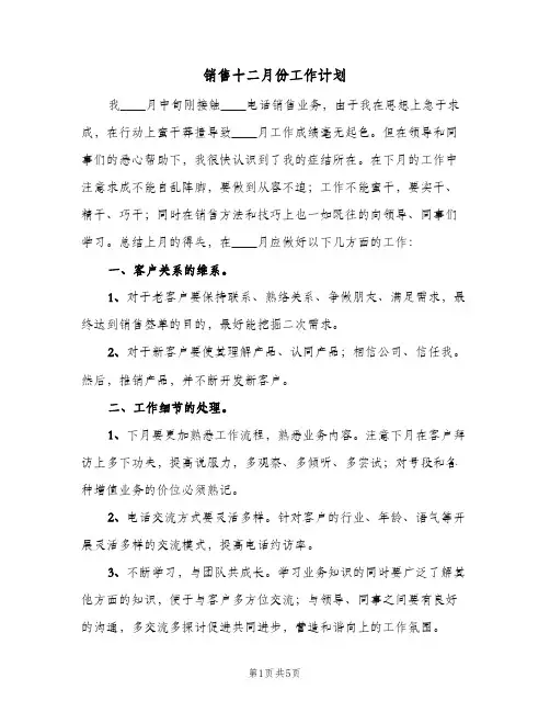 2024年销售十二月份工作计划（三篇）