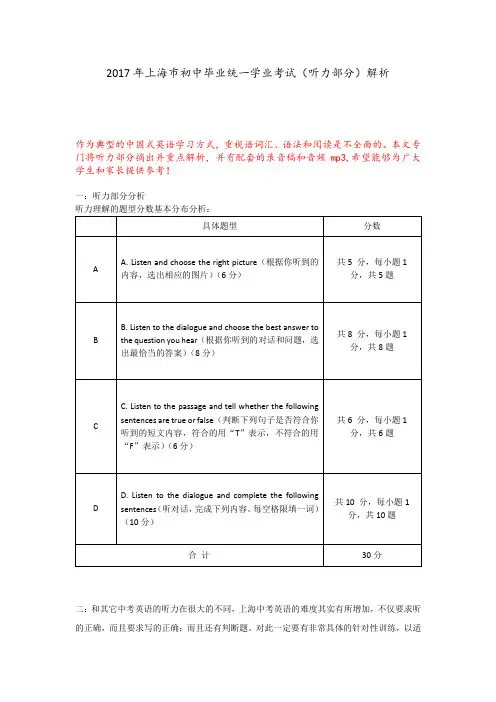 2017 年上海市中考英语真题(听力部分)+解析+MP3音频+录音稿+心得