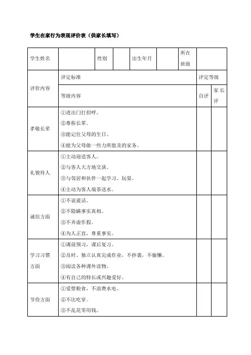 学生在家行为规范评价表(供家长填写)