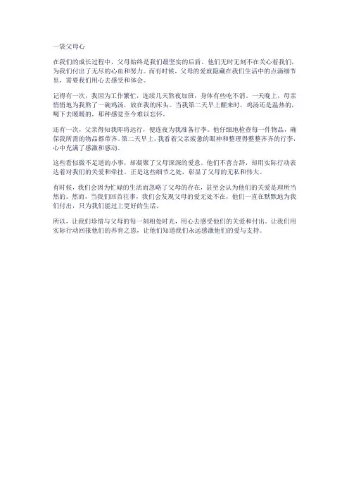 一袋父母心  在我们的成长过程中,父母始终是我们最坚实的后盾。他们无时无刻不在关心着我们,为我们付出