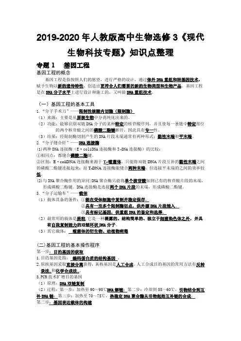 2019-2020年人教版高中生物选修3《现代生物科技专题》知识点整理