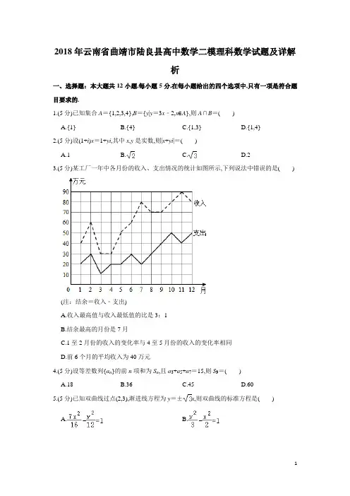 云南省曲靖市陆良县2018届高三第二次模拟理科数学试题试题及解析