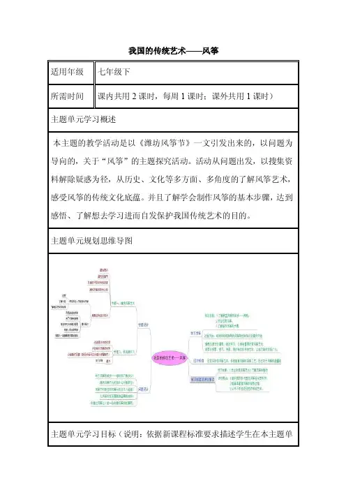 初中美术《我国的传统艺术——风筝》单元教学设计以及思维导图