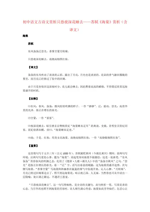初中语文古诗文赏析只恐夜深花睡去——苏轼《海棠》赏析(含译文)