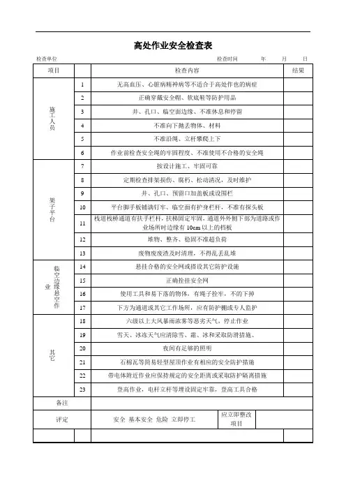 高处作业安全检查表