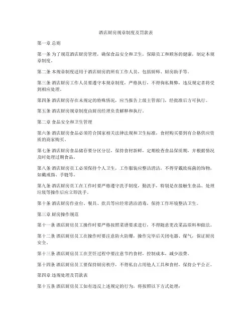 酒店厨房规章制度及罚款表