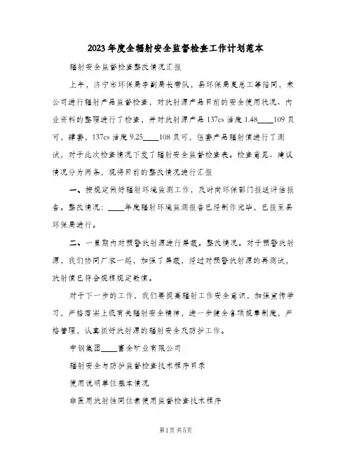 2023年度全辐射安全监督检查工作计划范本(2篇)