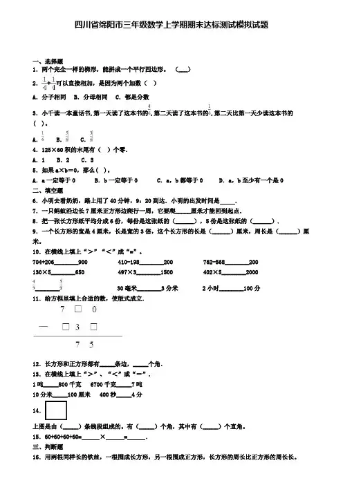 四川省绵阳市三年级数学上学期期末达标测试模拟试题