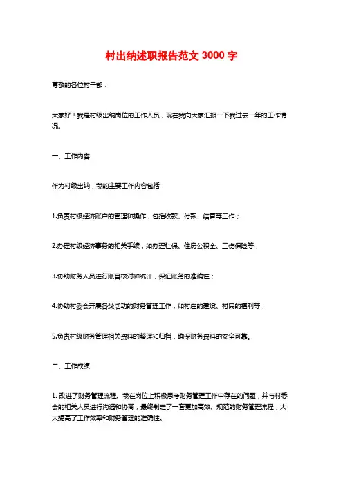 村出纳述职报告范文3000字
