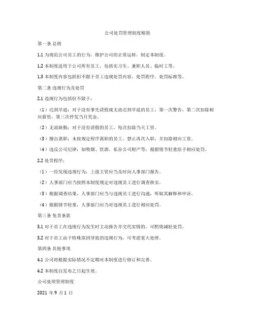 公司处罚管理制度精简