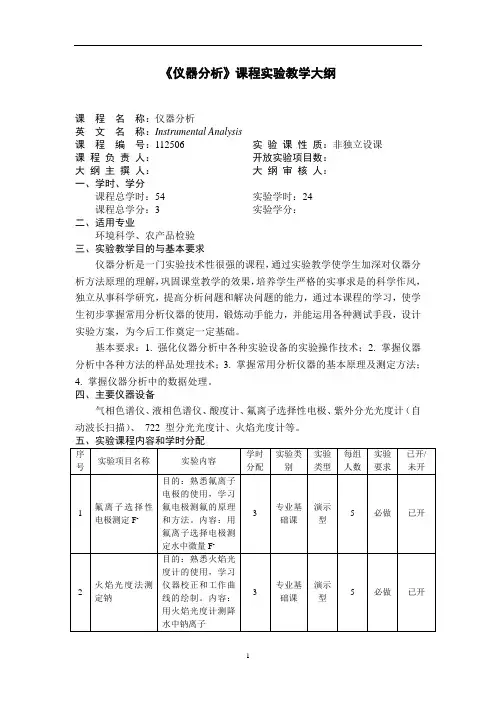 《仪器分析》课程实验教学大纲