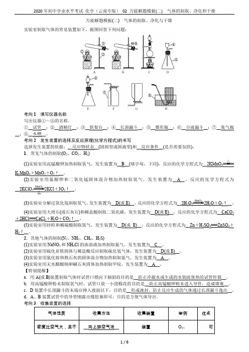 2020年初中学业水平考试 化学(云南专版) 02 万能解题模板(二) 气体的制取、净化和干燥