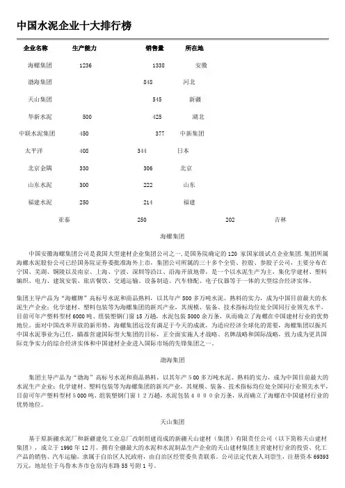 中国水泥企业十大排行榜