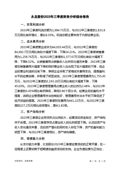 300650太龙股份2023年三季度财务分析结论报告