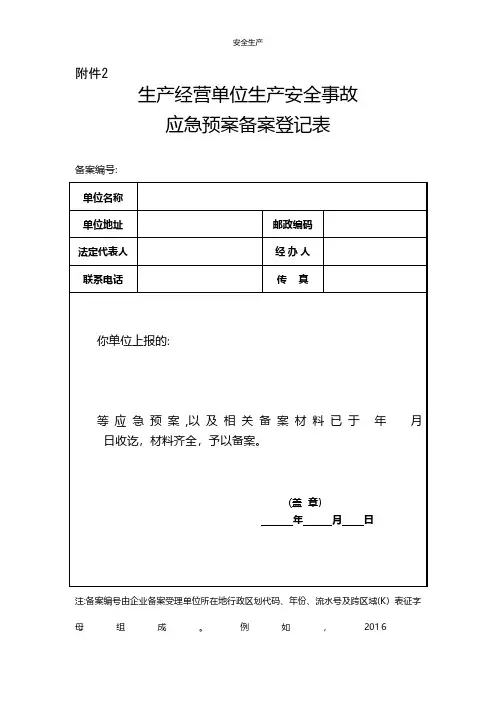 生产经营单位生产安全事故应急预案备案登记表安全生产规范化应急预案安全制度安全管理台账企业管理